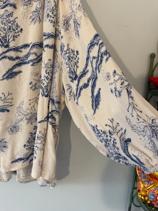 Free People Boho Cream and Navy Floral Button-Front Blouse - Picture 2 of 7